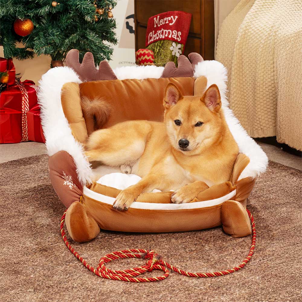 Cozy Sleigh | Dog Bed with Plush Crystal Velvet & Anti-Slip Bottom | Festive Comfort for Your Pet