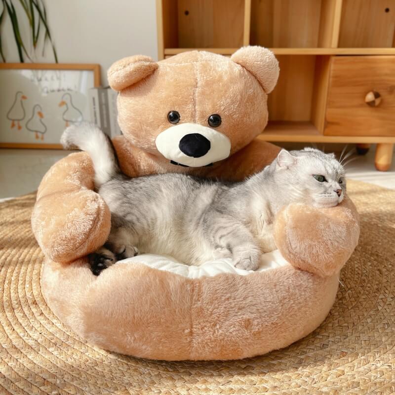 Cuddle Bear Cat Bed – Plush Round Bed with a Detachable Bear Companion