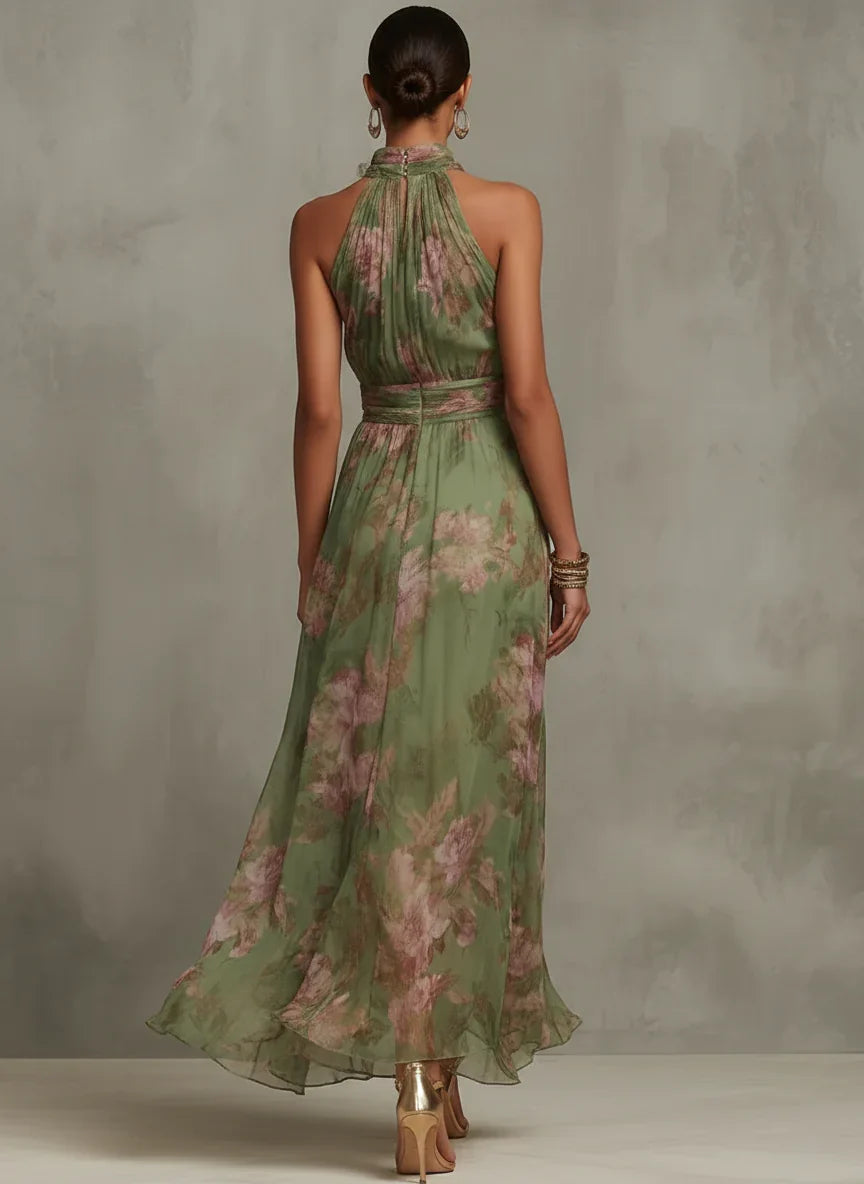 Ellie | Floral Wedding Guest Halter Maxi Dress with Tie Waist