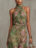 Ellie | Floral Wedding Guest Halter Maxi Dress with Tie Waist