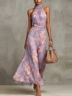 Ellie | Floral Wedding Guest Halter Maxi Dress with Tie Waist