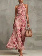 Ellie | Floral Wedding Guest Halter Maxi Dress with Tie Waist