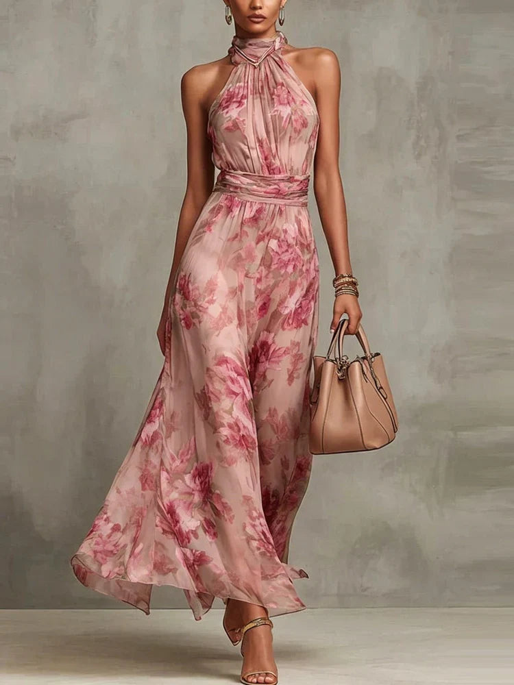 Ellie | Floral Wedding Guest Halter Maxi Dress with Tie Waist