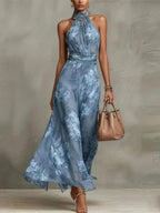 Ellie | Floral Wedding Guest Halter Maxi Dress with Tie Waist