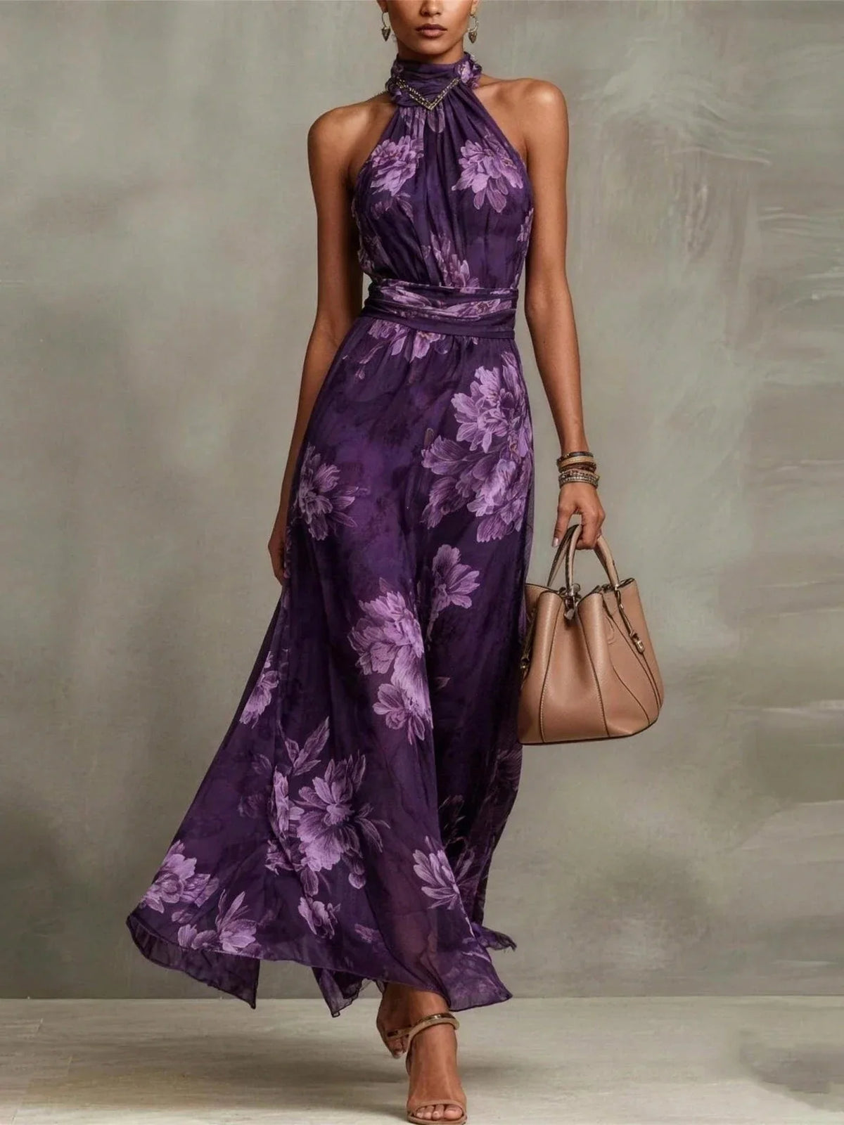 Ellie | Floral Wedding Guest Halter Maxi Dress with Tie Waist