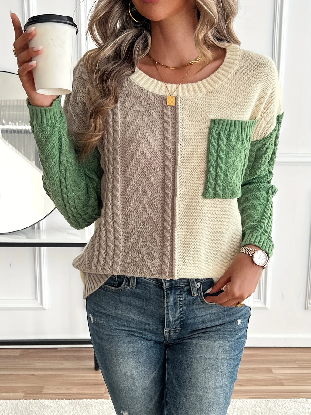 Esme | Color Block Cable Knit Sweater