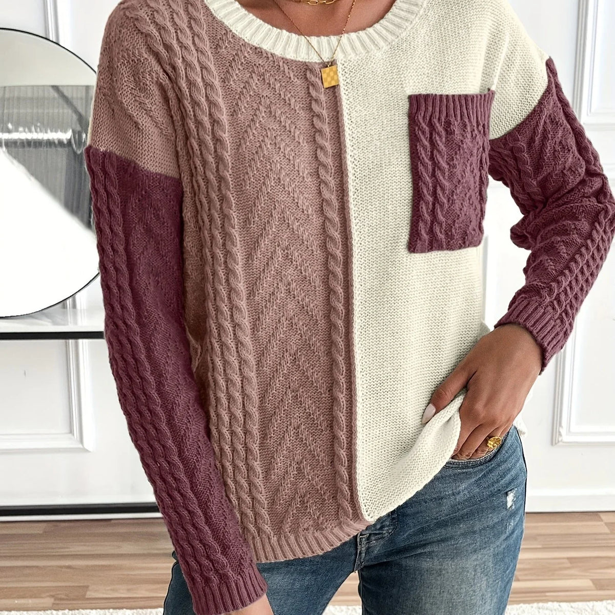 Esme | Color Block Cable Knit Sweater