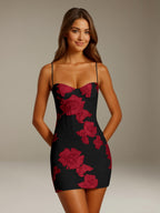 Women's Floral Mini Dress, Sweetheart Neck, Spaghetti Straps
