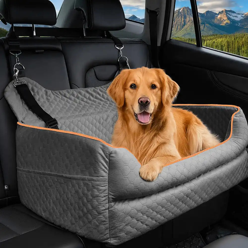 Memory Foam Dog Car Seat Bed – Large Booster with Safety Clips & Pockets