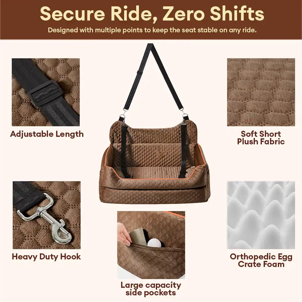 Memory Foam Dog Car Seat Bed – Large Booster with Safety Clips & Pockets - view 4