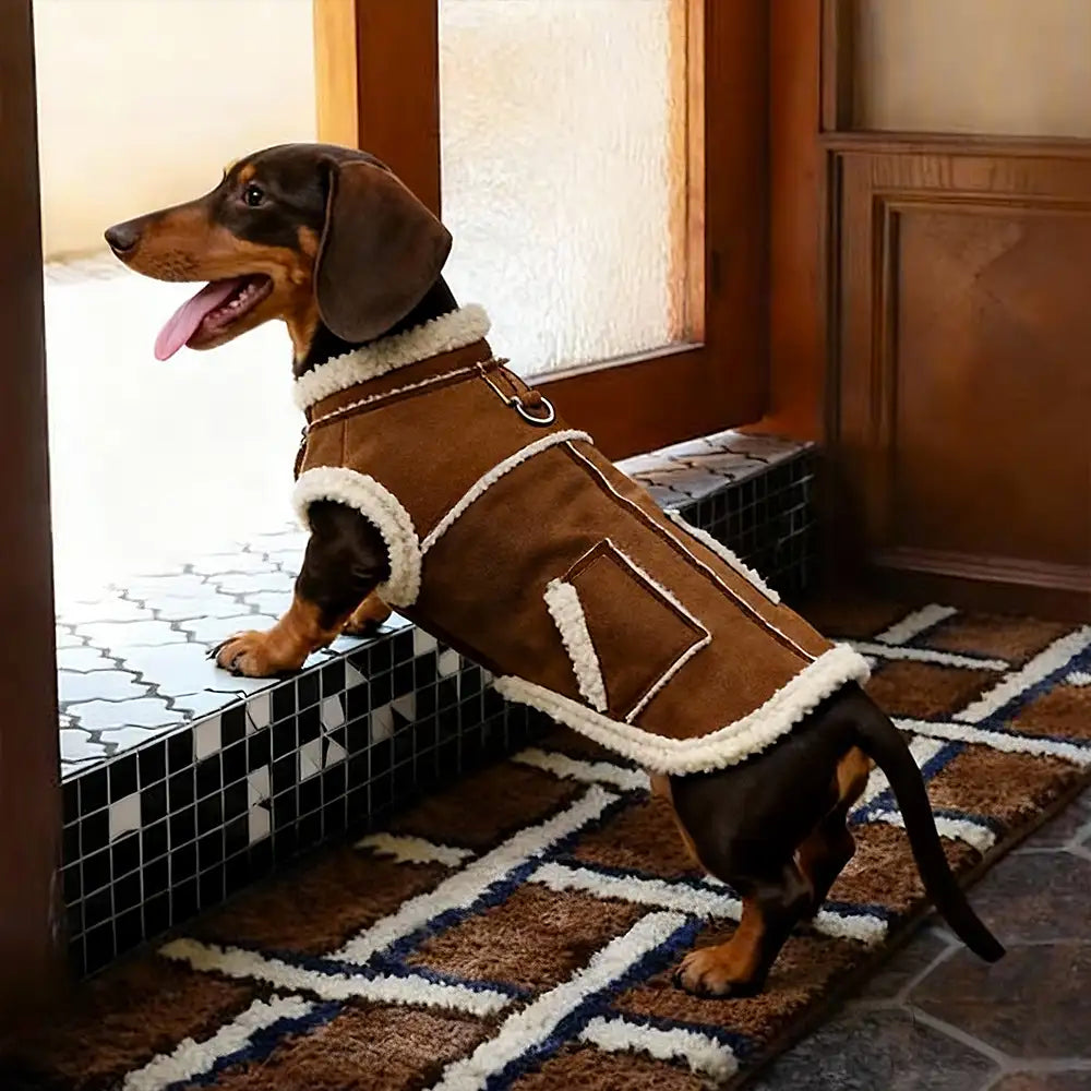 Suede Dog Vest for Long-Bodied Breeds – Fleece-Lined Coat with Leash Ring - view 3