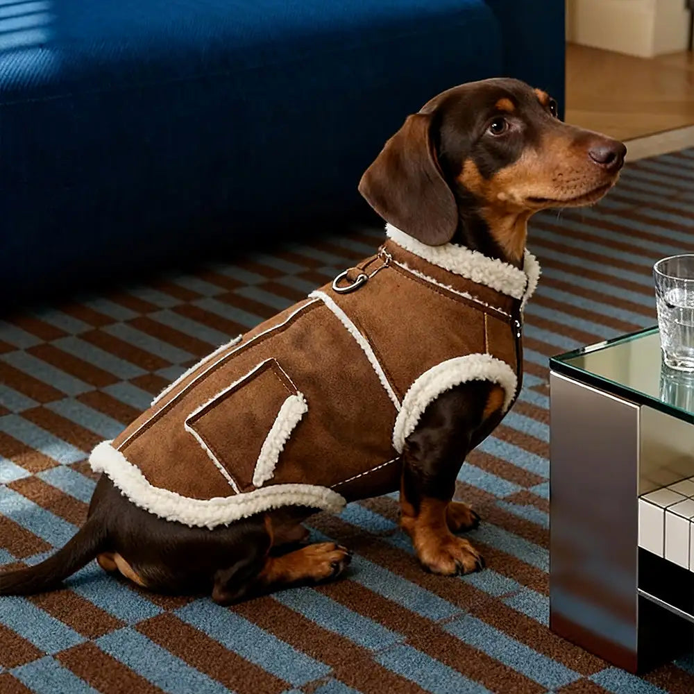 Suede Dog Vest for Long-Bodied Breeds – Fleece-Lined Coat with Leash Ring - view 8