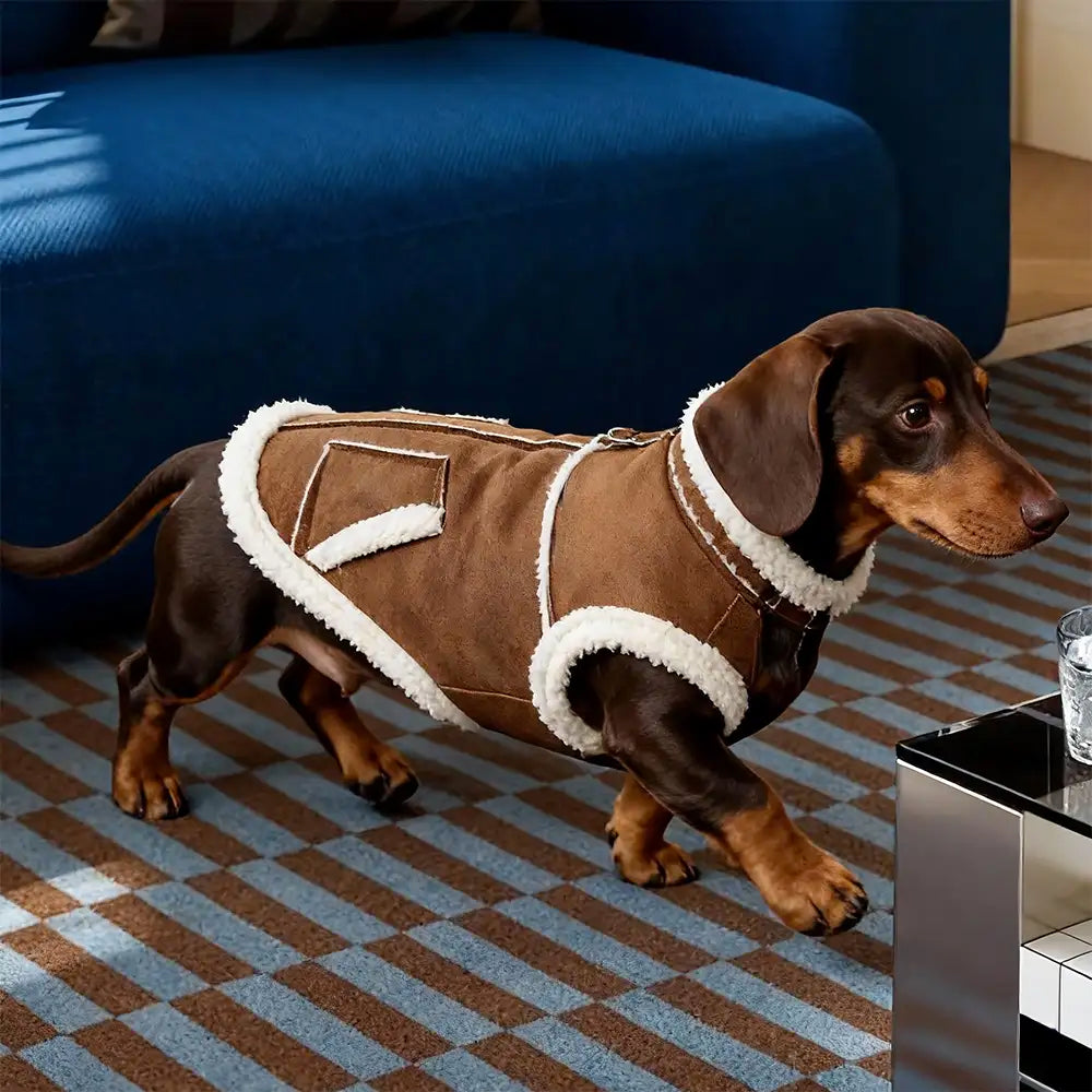 Suede Dog Vest for Long-Bodied Breeds – Fleece-Lined Coat with Leash Ring - view 6