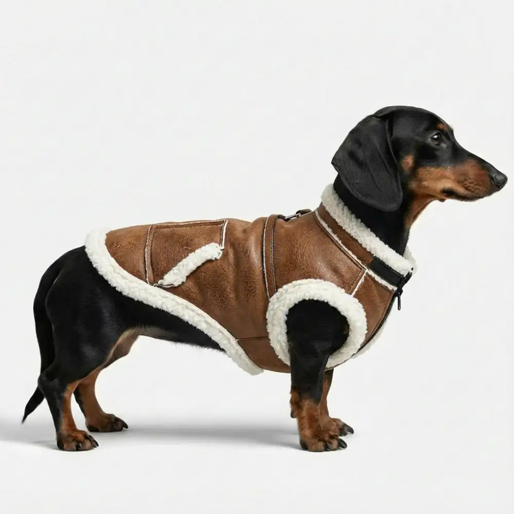Suede Dog Vest for Long-Bodied Breeds – Fleece-Lined Coat with Leash Ring