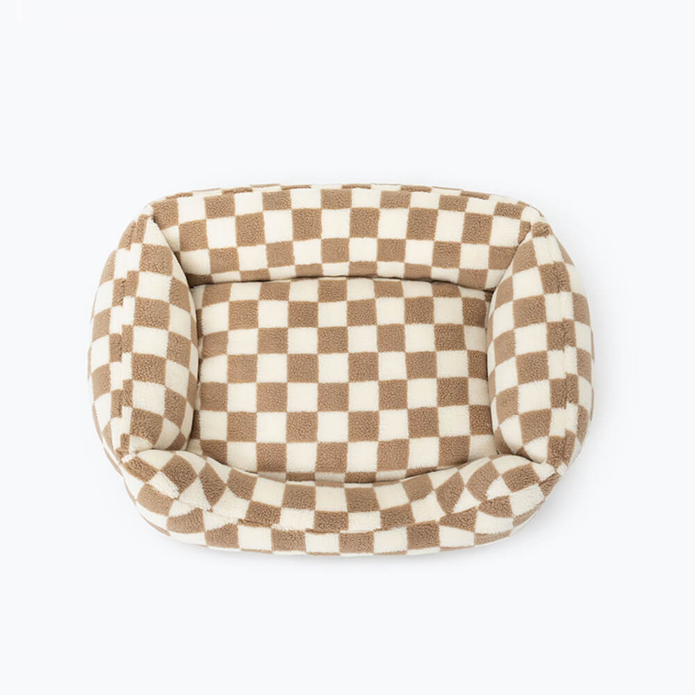 Checkerboard Dog Bed – Faux Lambswool Bolster Bed with Low Front Entry - view 8