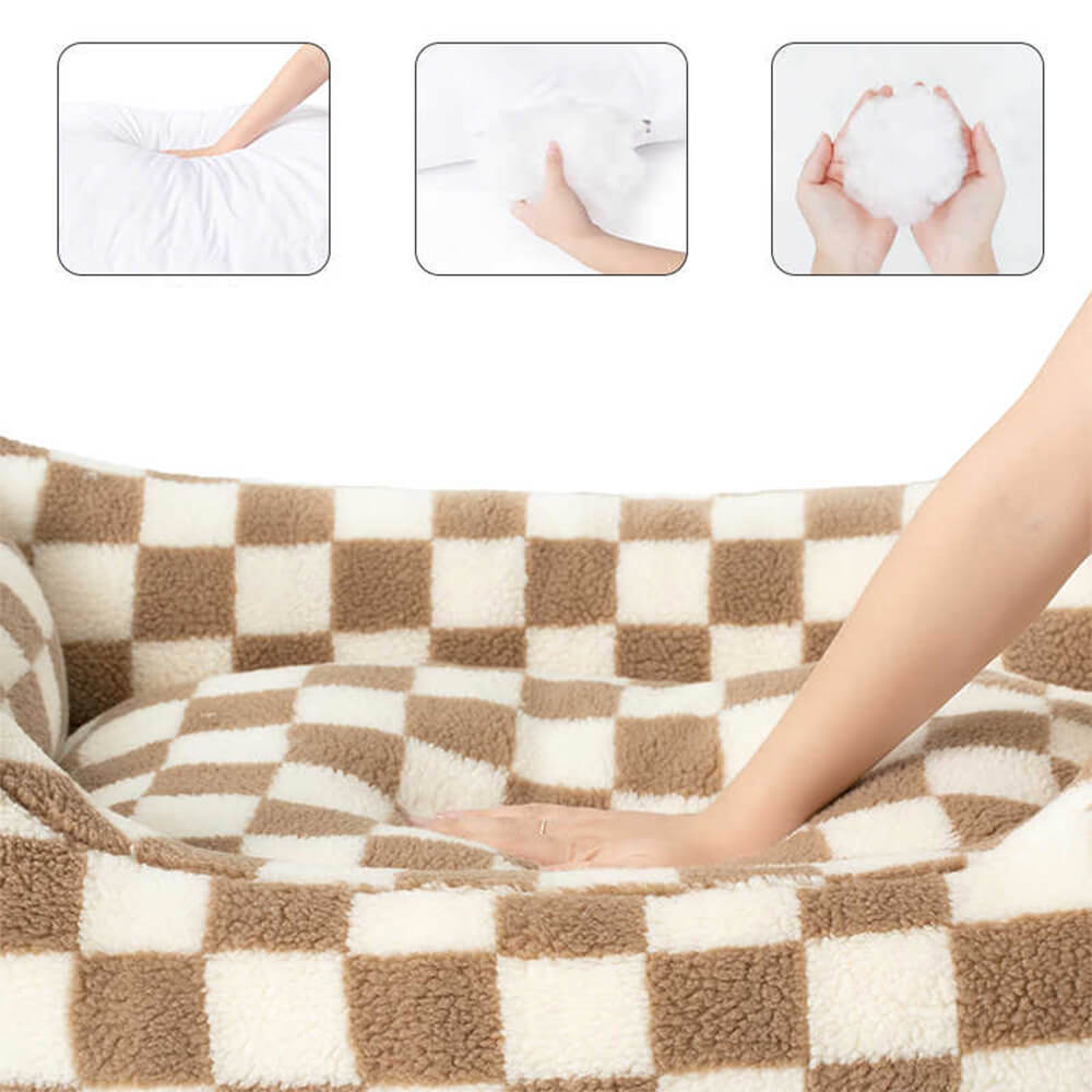 Checkerboard Dog Bed – Faux Lambswool Bolster Bed with Low Front Entry - view 3