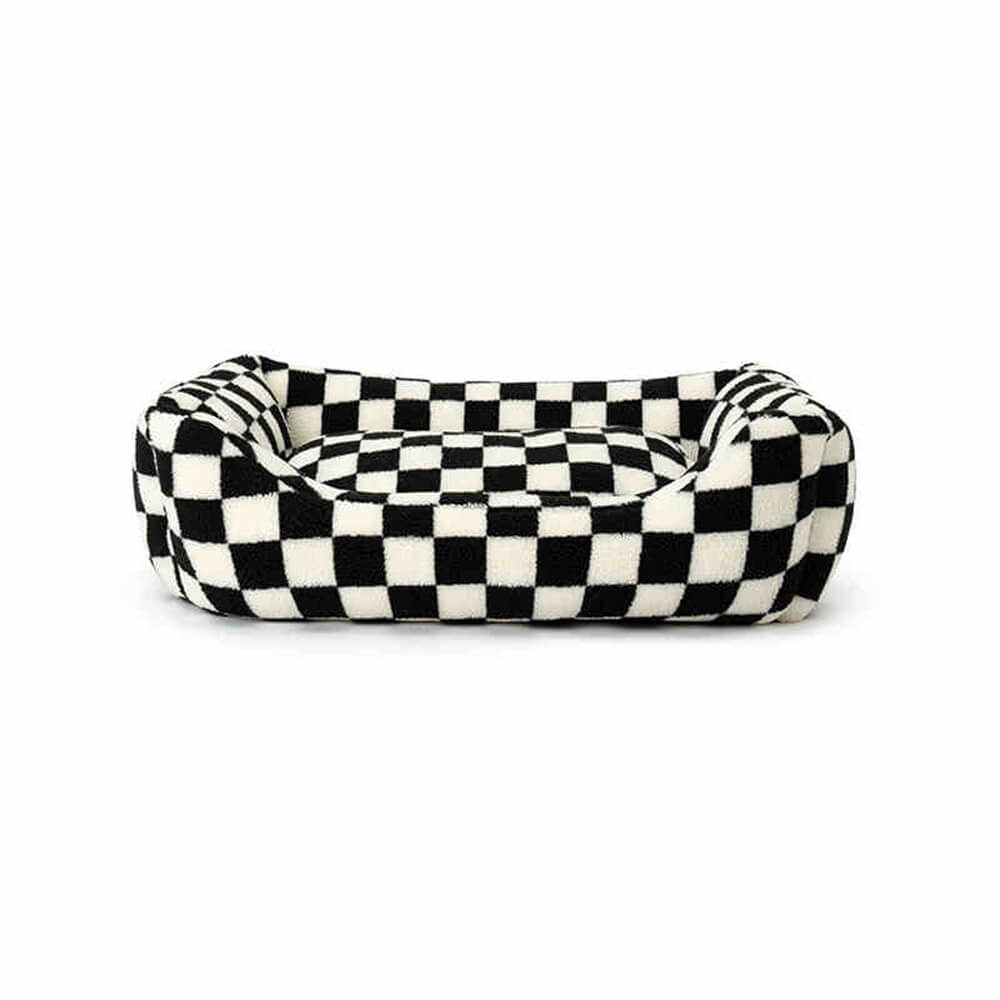 Checkerboard Dog Bed – Faux Lambswool Bolster Bed with Low Front Entry - view 11