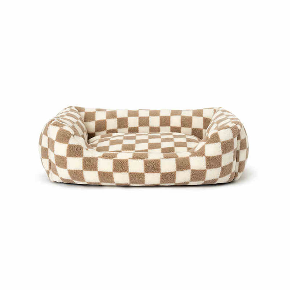 Checkerboard Dog Bed – Faux Lambswool Bolster Bed with Low Front Entry - view 12