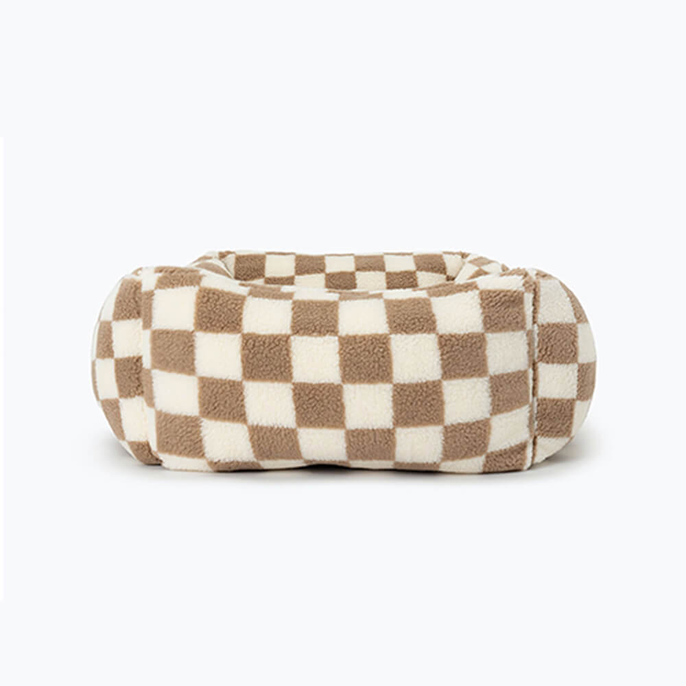 Checkerboard Dog Bed – Faux Lambswool Bolster Bed with Low Front Entry - view 10