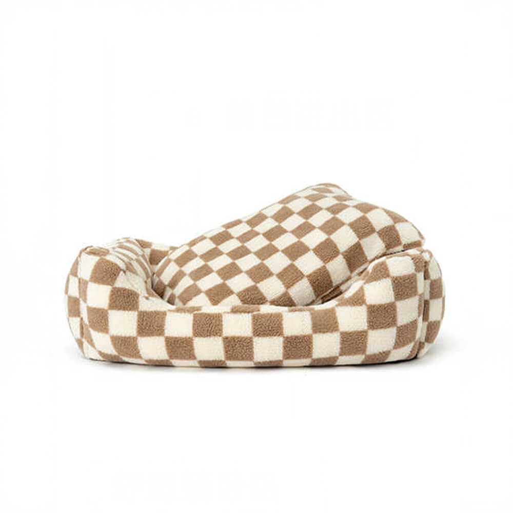 Checkerboard Dog Bed – Faux Lambswool Bolster Bed with Low Front Entry - view 7