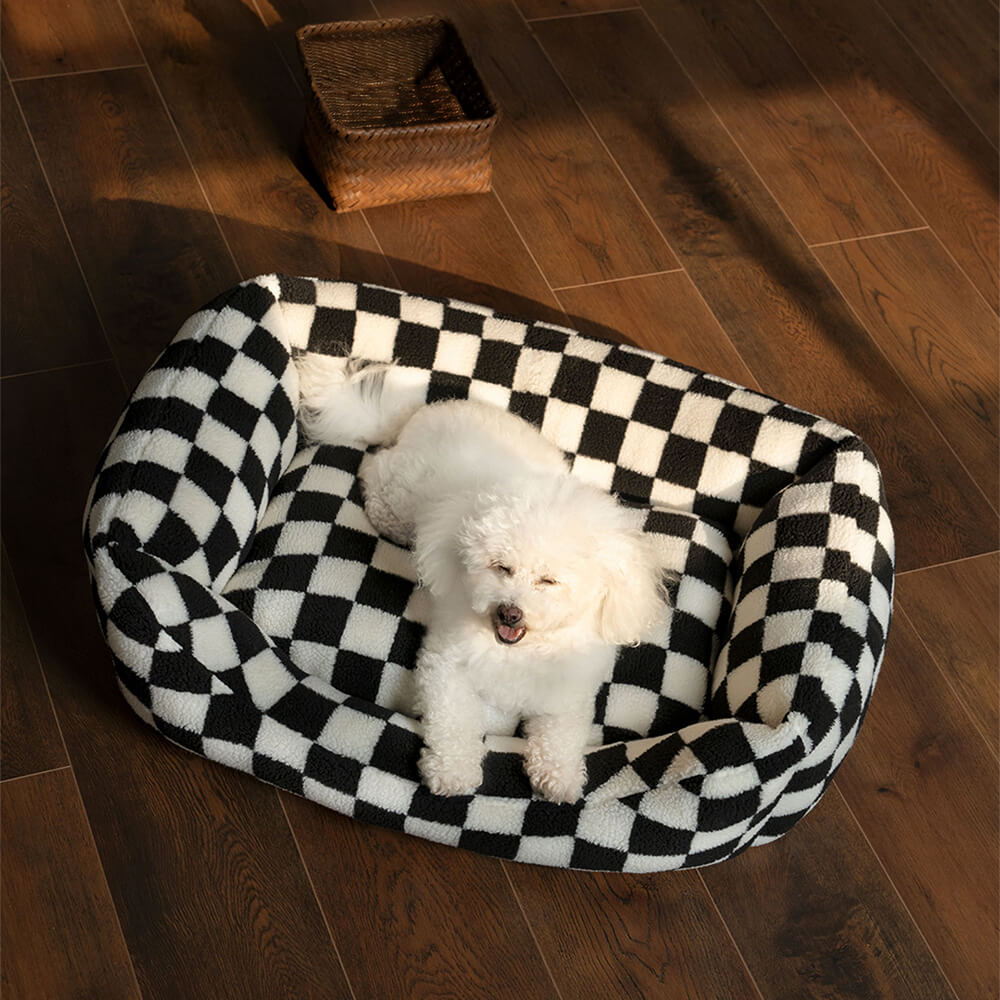 Checkerboard Dog Bed – Faux Lambswool Bolster Bed with Low Front Entry - view 6