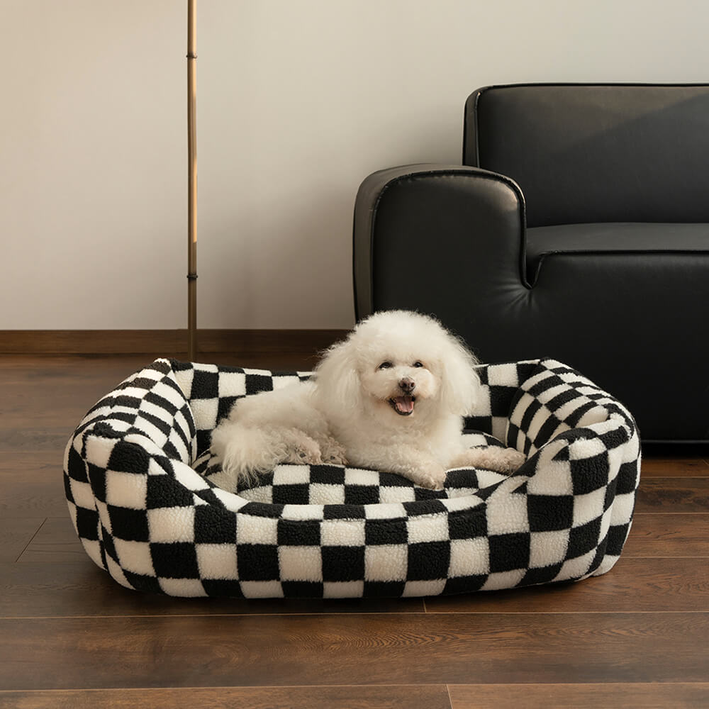 Checkerboard Dog Bed – Faux Lambswool Bolster Bed with Low Front Entry - view 2