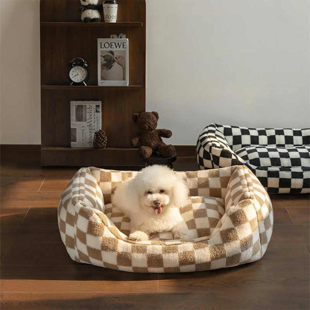 Checkerboard Dog Bed – Faux Lambswool Bolster Bed with Low Front Entry
