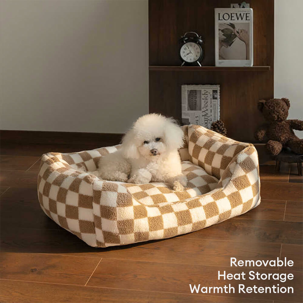 Checkerboard Dog Bed – Faux Lambswool Bolster Bed with Low Front Entry - view 4