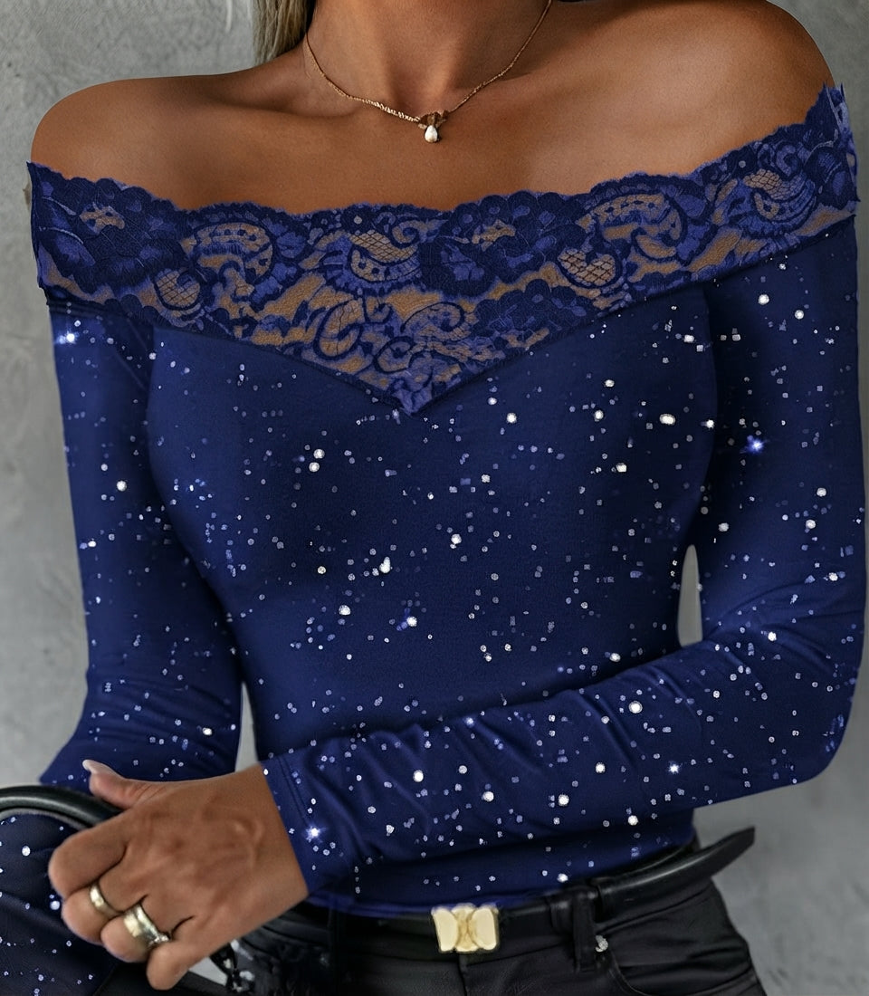 Women's Off-Shoulder Lace Trim Top, Long Sleeves, Glitter Detail