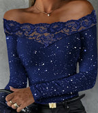 Women's Off-Shoulder Lace Trim Top, Long Sleeves, Glitter Detail