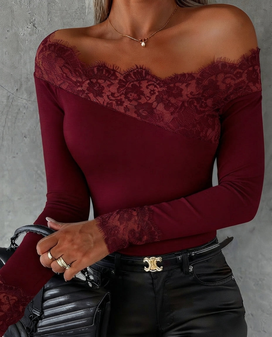 Women's Off-Shoulder Lace Trim Top, Long Sleeves, Glitter Detail