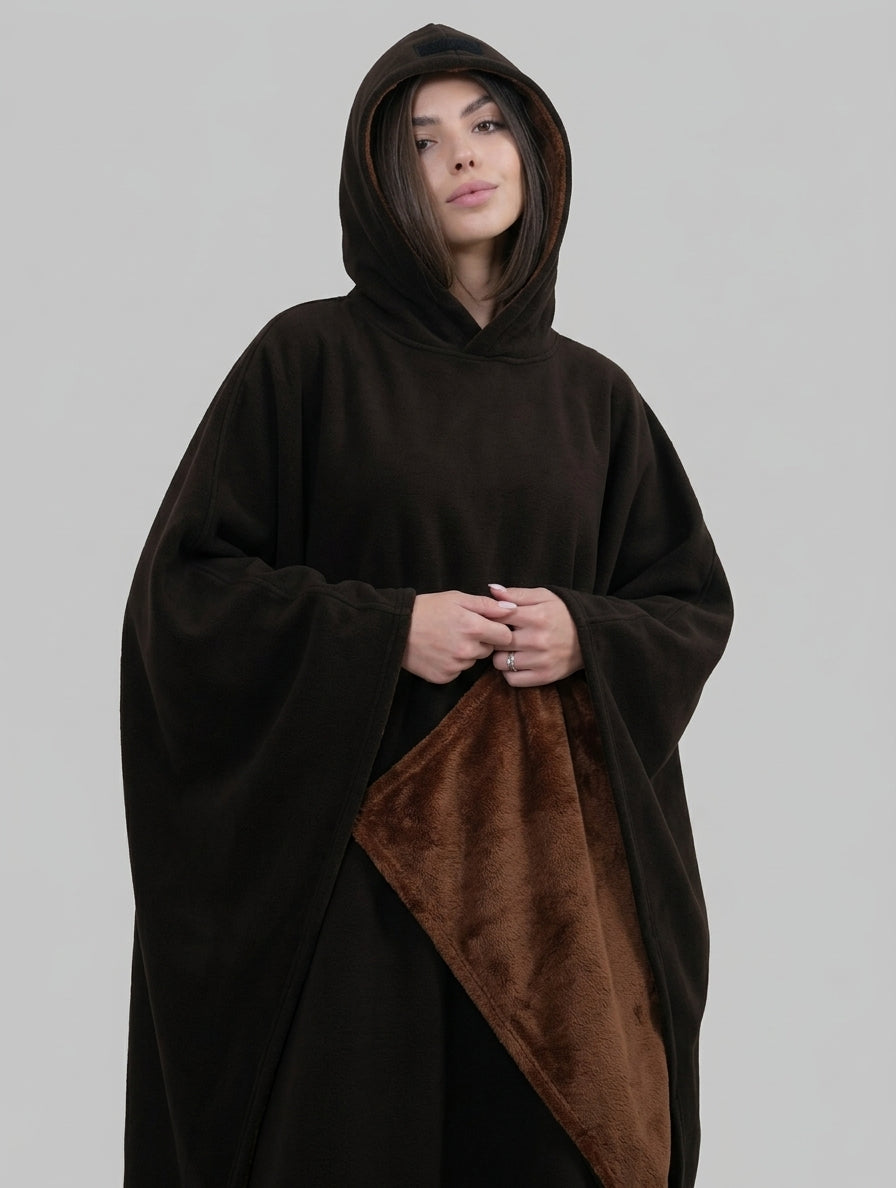 Wearable Blanket Poncho with Hood for Women and Men, Open Front with Plush Pile Lining and Wide Sleeves, Long Length, Sizes S-XL