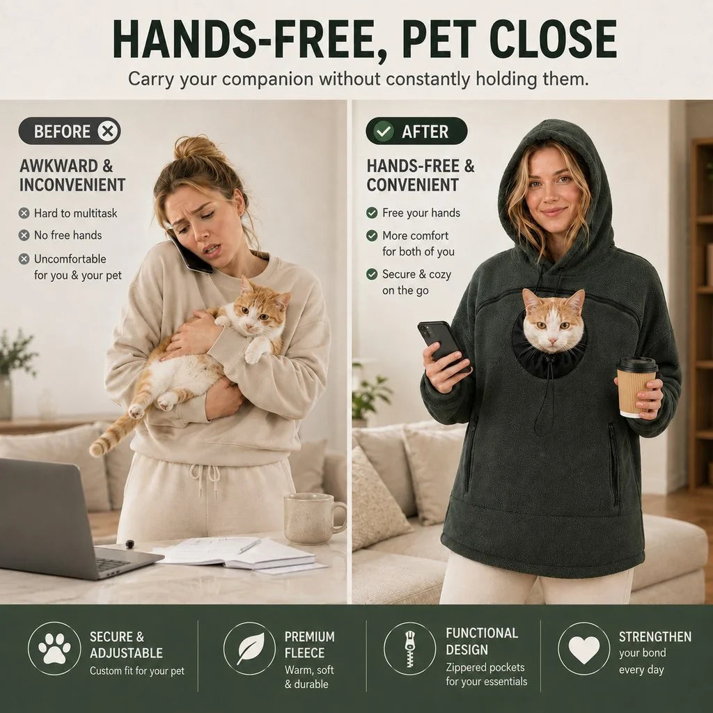 Hands-Free Pet Carrier Hoodie – Cozy Front Pouch for Cats & Small Dogs at Home & Everyday Outings