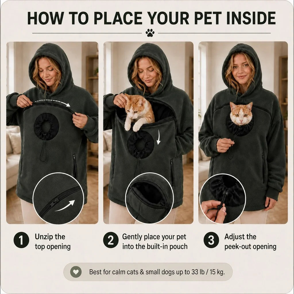 Hands-Free Pet Carrier Hoodie – Cozy Front Pouch for Cats & Small Dogs at Home & Everyday Outings