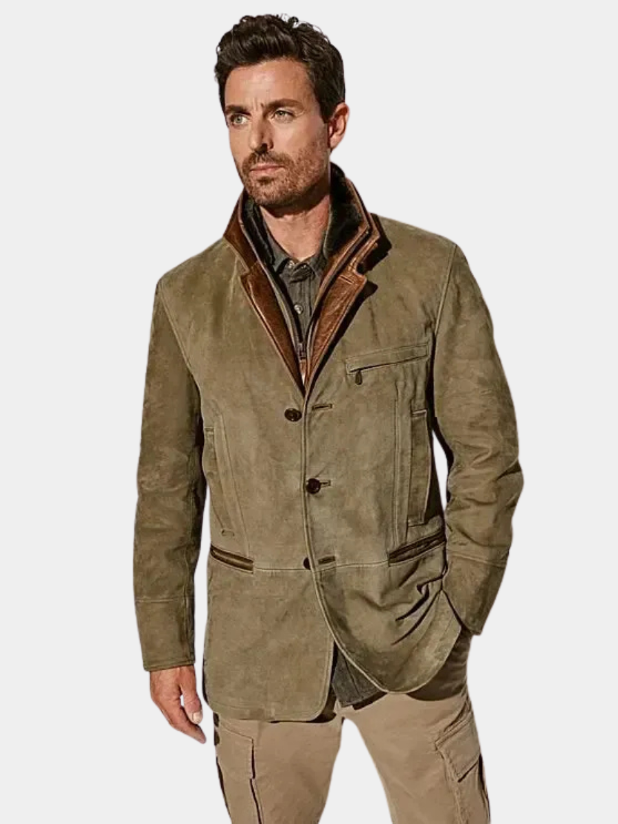 Men's Vintage Suede-Look Jacket, Layered Collar, Button Front