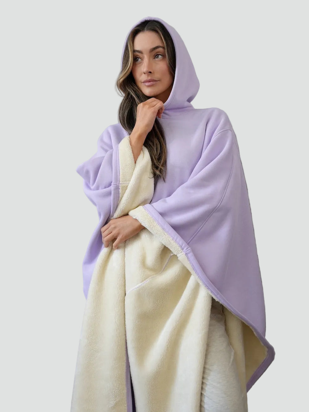 Wearable Blanket Poncho with Hood for Women and Men, Open Front with Plush Pile Lining and Wide Sleeves, Long Length, Sizes S-XL