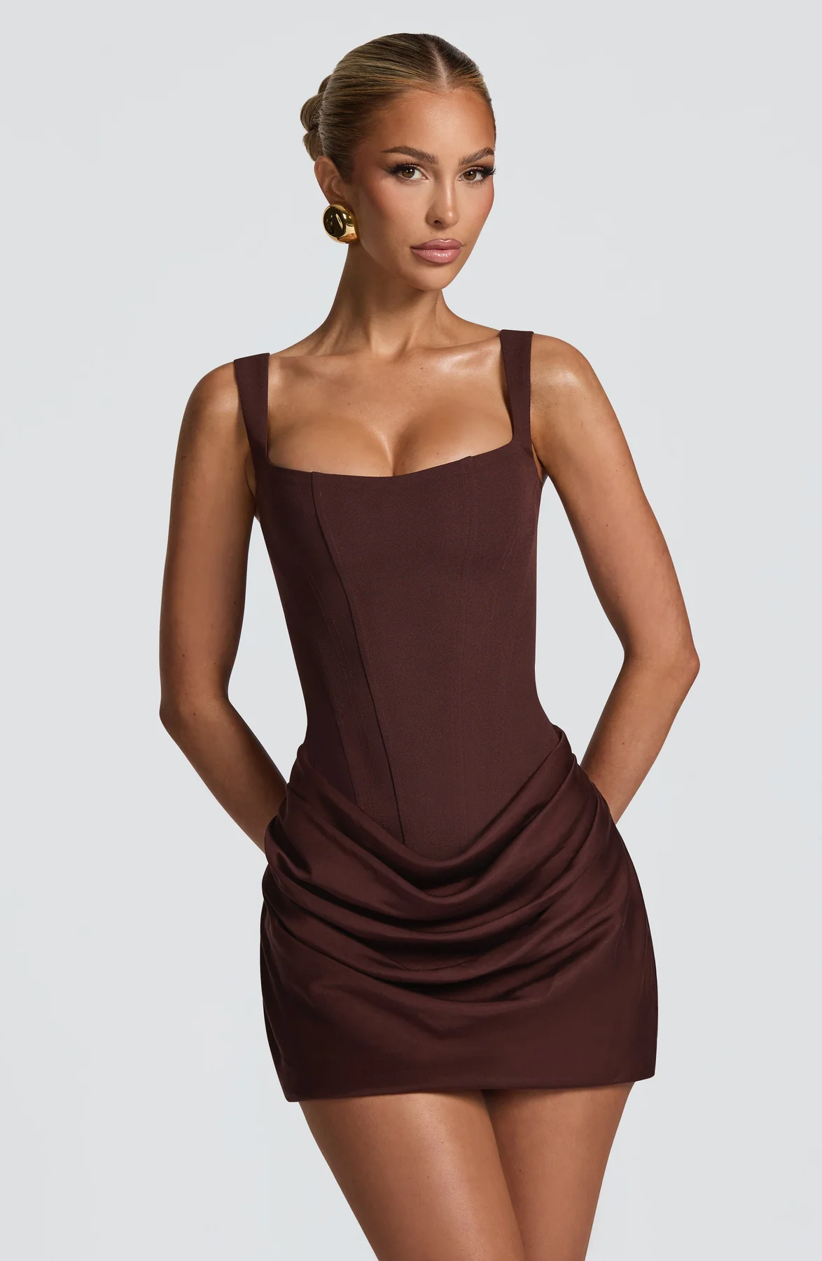 Women's Square Neck Draped Mini Dress, Sleeveless Fitted