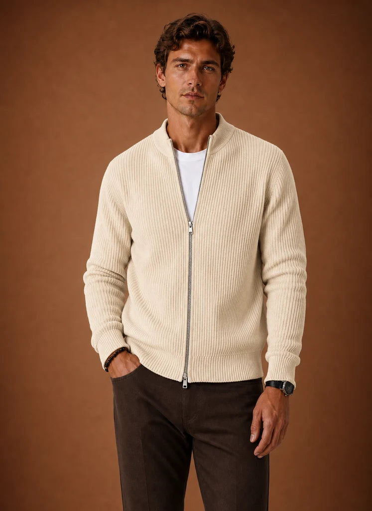 Men's Full Zip Knit Cardigan Sweater Ribbed Zip-Up Jacket