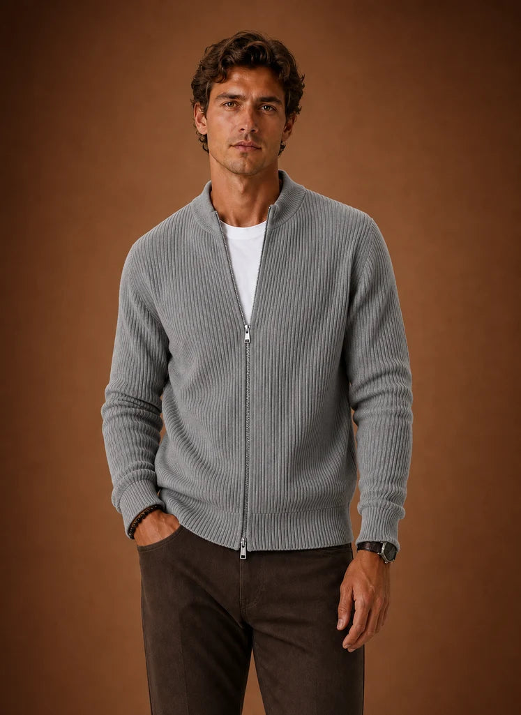 Men's Full Zip Knit Cardigan Sweater Ribbed Zip-Up Jacket