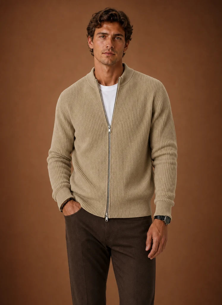 Men's Full Zip Knit Cardigan Sweater Ribbed Zip-Up Jacket
