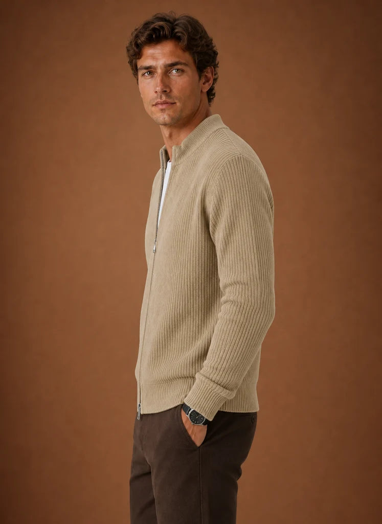 Men's Full Zip Knit Cardigan Sweater Ribbed Zip-Up Jacket
