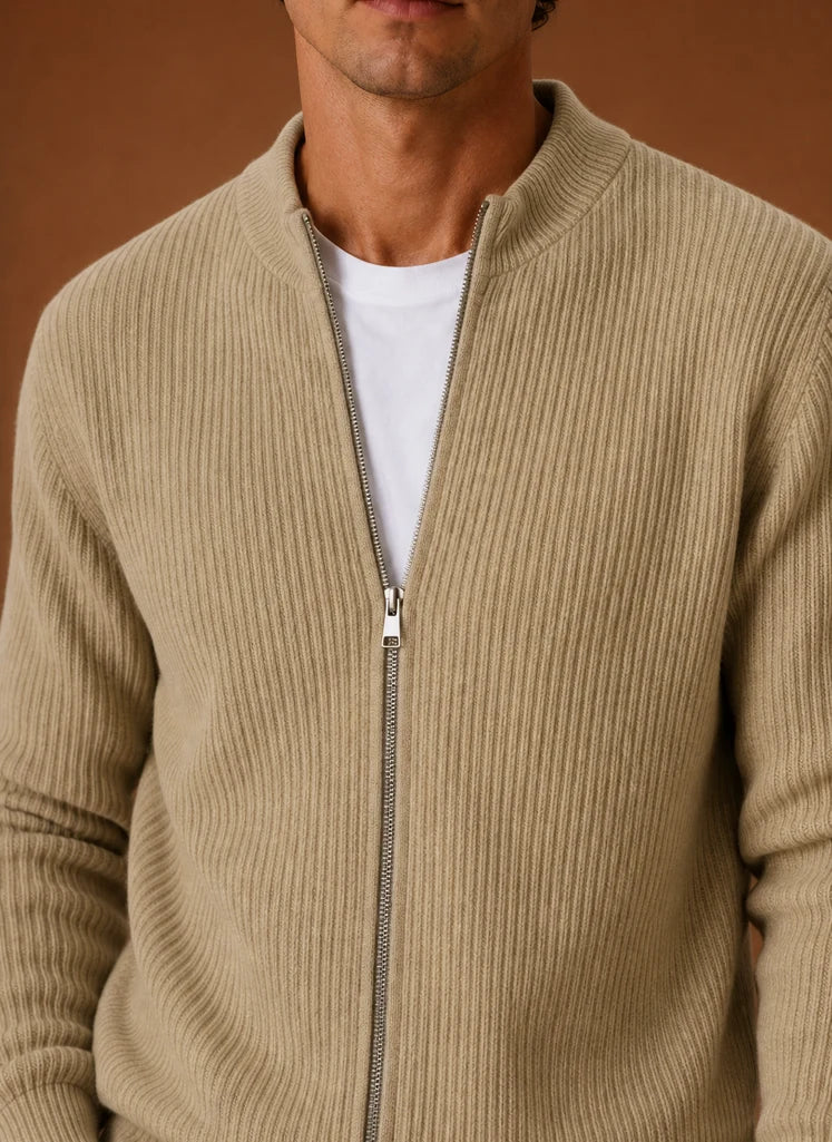 Men's Full Zip Knit Cardigan Sweater Ribbed Zip-Up Jacket