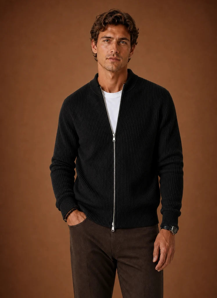 Men's Full Zip Knit Cardigan Sweater Ribbed Zip-Up Jacket