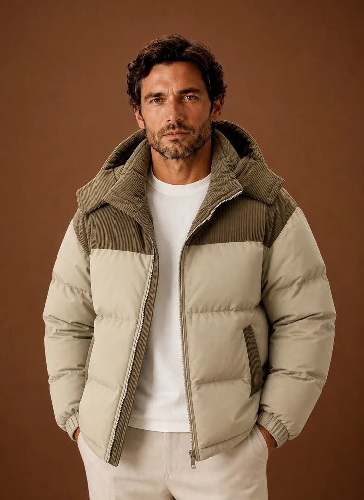 Men's Hooded Winter Puffer Jacket with Corduroy Collar