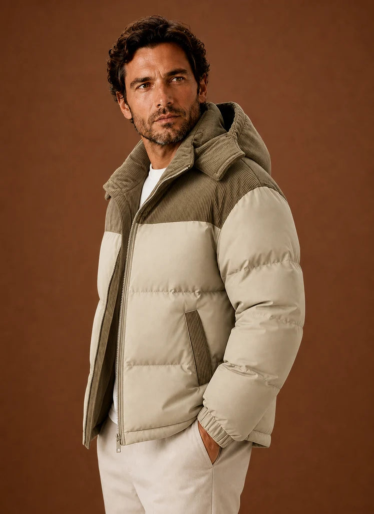 Men's Hooded Winter Puffer Jacket with Corduroy Collar