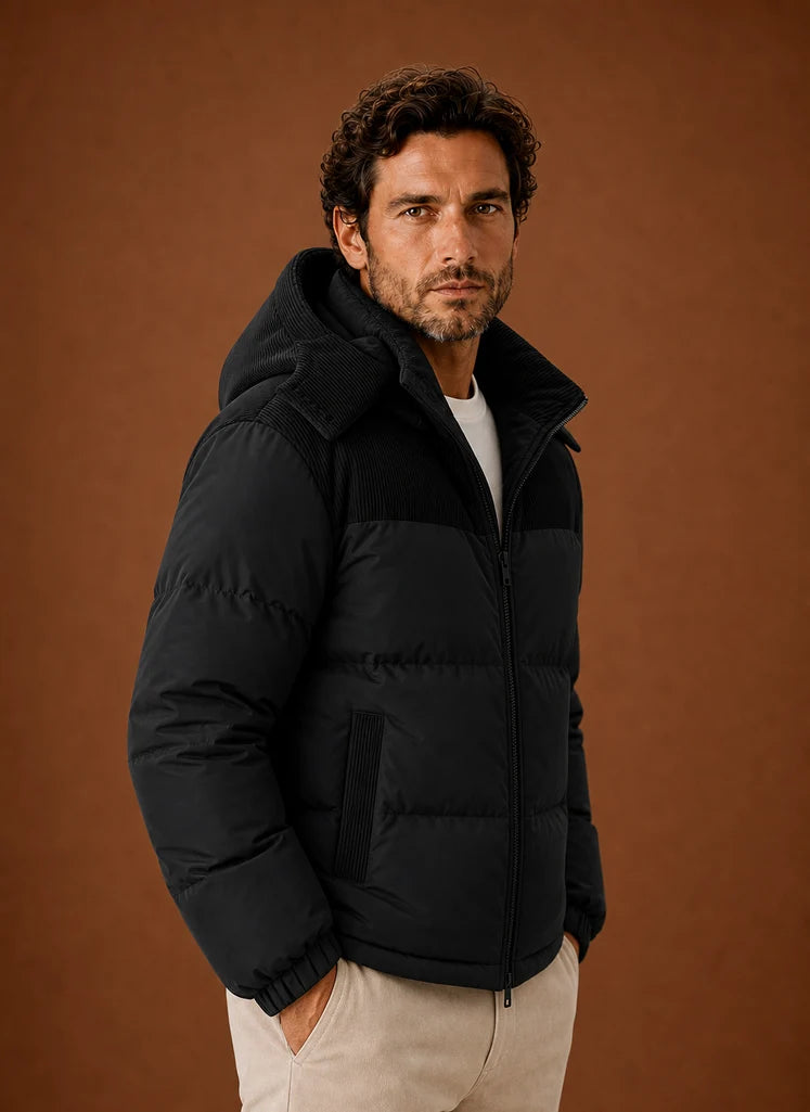 Men's Hooded Winter Puffer Jacket with Corduroy Collar