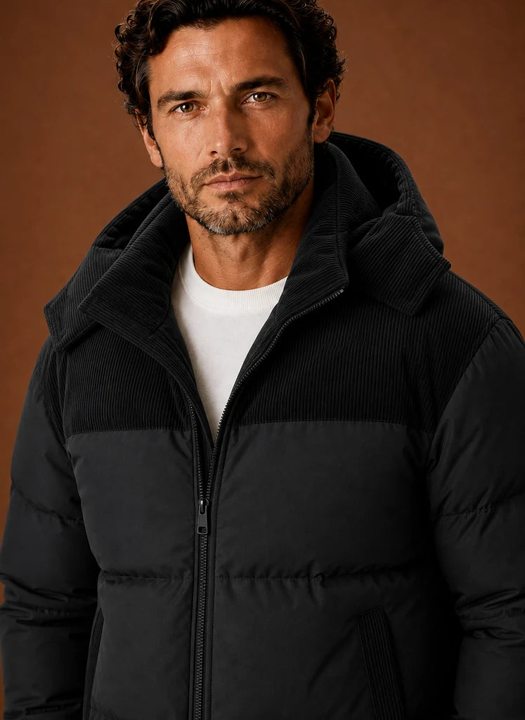 Men's Hooded Winter Puffer Jacket with Corduroy Collar