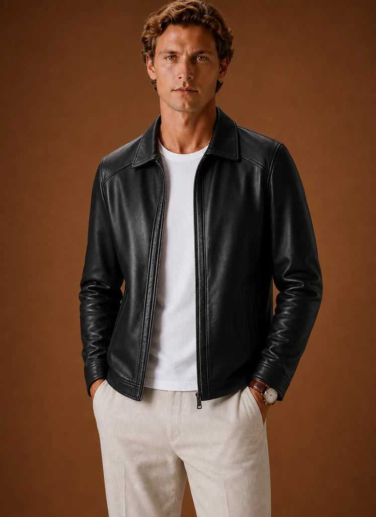 Men's Leather Look Jacket Classic Zip Jacket