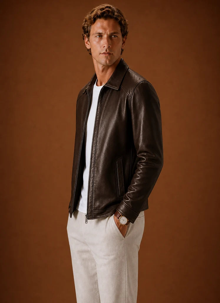 Men's Leather Look Jacket Classic Zip Jacket