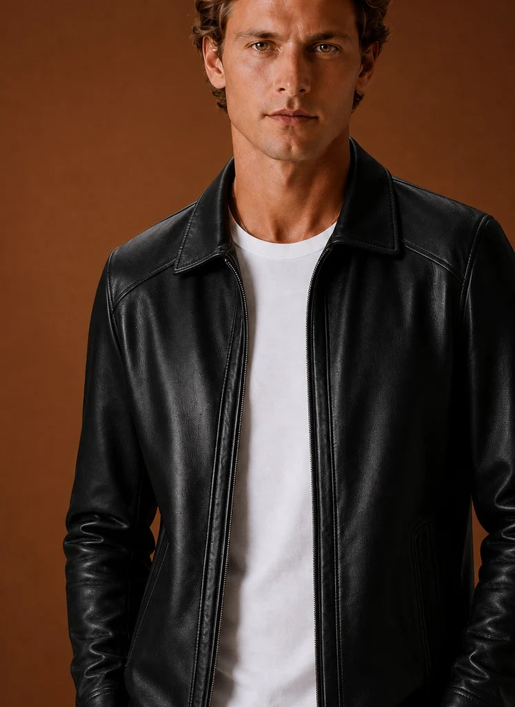 Men's Leather Look Jacket Classic Zip Jacket